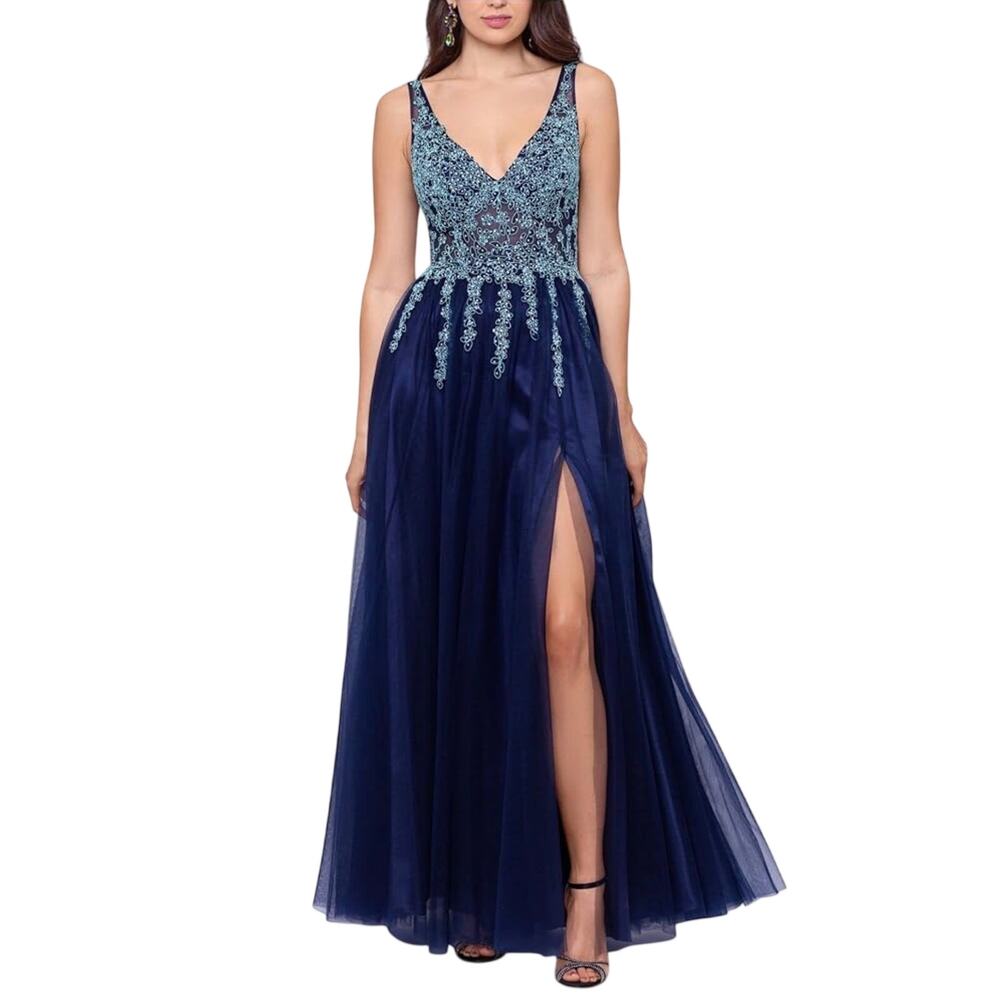 Blondie Nites Blue Evening Gown Sequined Tulle Backless A-Line Dress Size 9